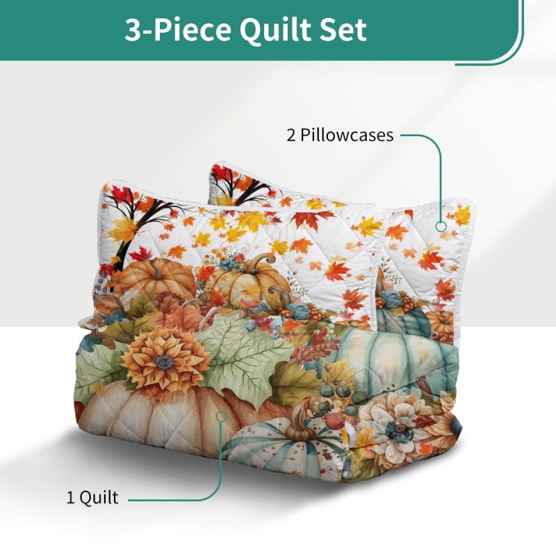 Sleepwish 3 Pieces Quilt Set Full Size, Colorful Pumpkin Fall Leaves Flower Bedding Set Lightweight Bedspreads Bed Cover - Image 16