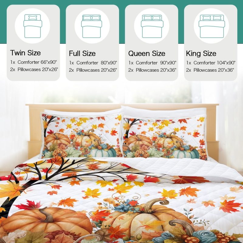 Sleepwish 3 Pieces Quilt Set Full Size, Colorful Pumpkin Fall Leaves Flower Bedding Set Lightweight Bedspreads Bed Cover - Image 17