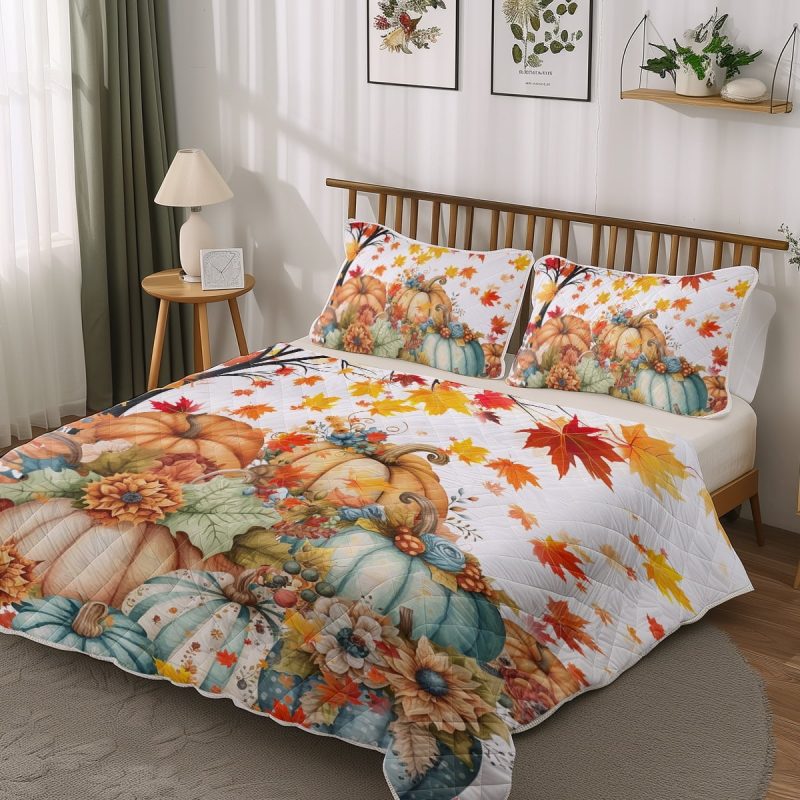Sleepwish 3 Pieces Quilt Set Full Size, Colorful Pumpkin Fall Leaves Flower Bedding Set Lightweight Bedspreads Bed Cover - Image 21