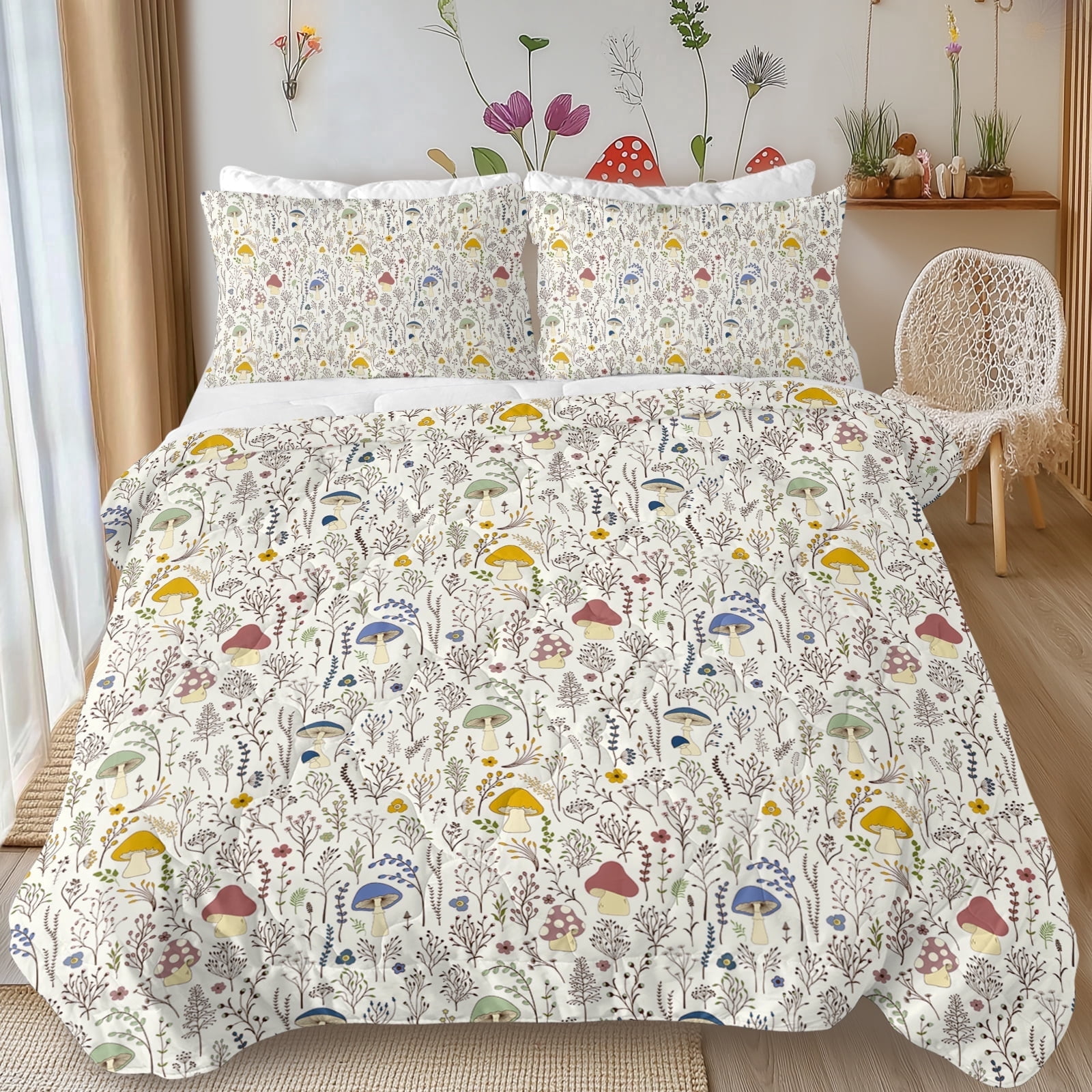 Sleepwish Kids Comforter Set, 3-Piece Mushroom Pastoral Bedding Sets for Girls Queen