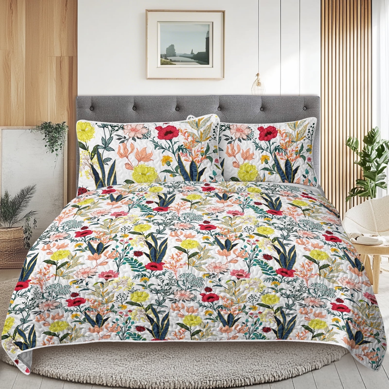 Sleepwish 3 Pieces Quilt Set Twin Size, Colorful Flower Fall Leaves Bedding Set Lightweight Bedspreads Bed Cover